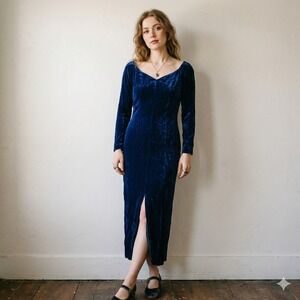 Vintage Fashioned by Lina Royal Blue Crushed Velvet Dress Women Small V-Back Bow